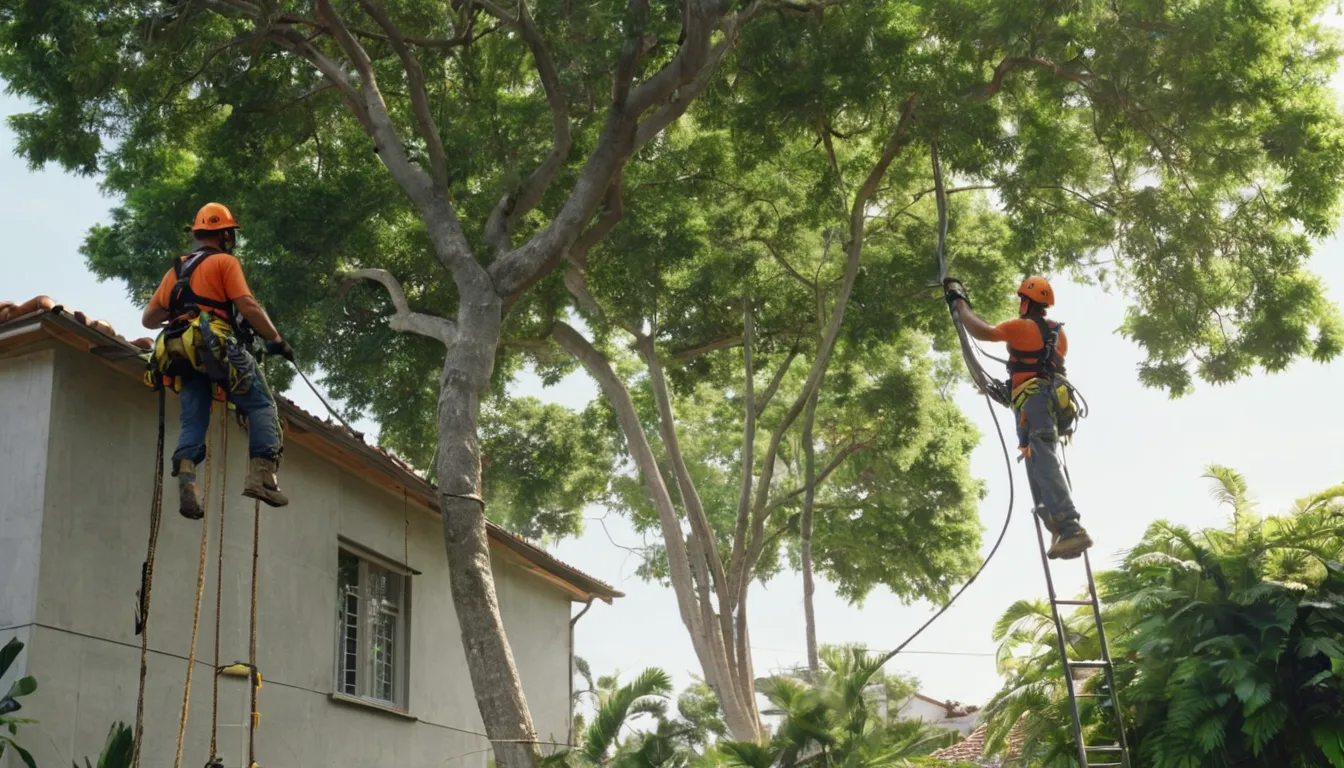 A provider's crew safely removing a large tree beside a block home in Orlando